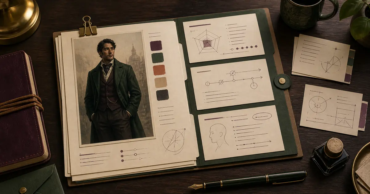 An elegant fictional-character dossier with a portrait, structured notes, and writing tools