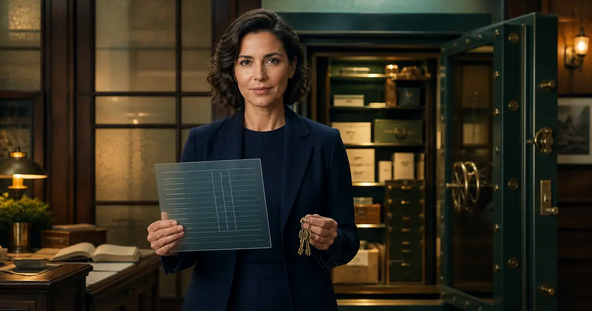 An adult holding a translucent ledger and keys before an open records cabinet