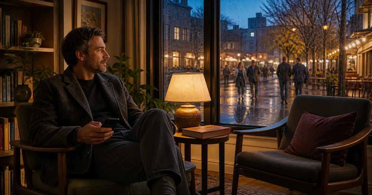 A man in a wool coat reads by a rain-streaked window, a warm lamp and an empty second chair beside him