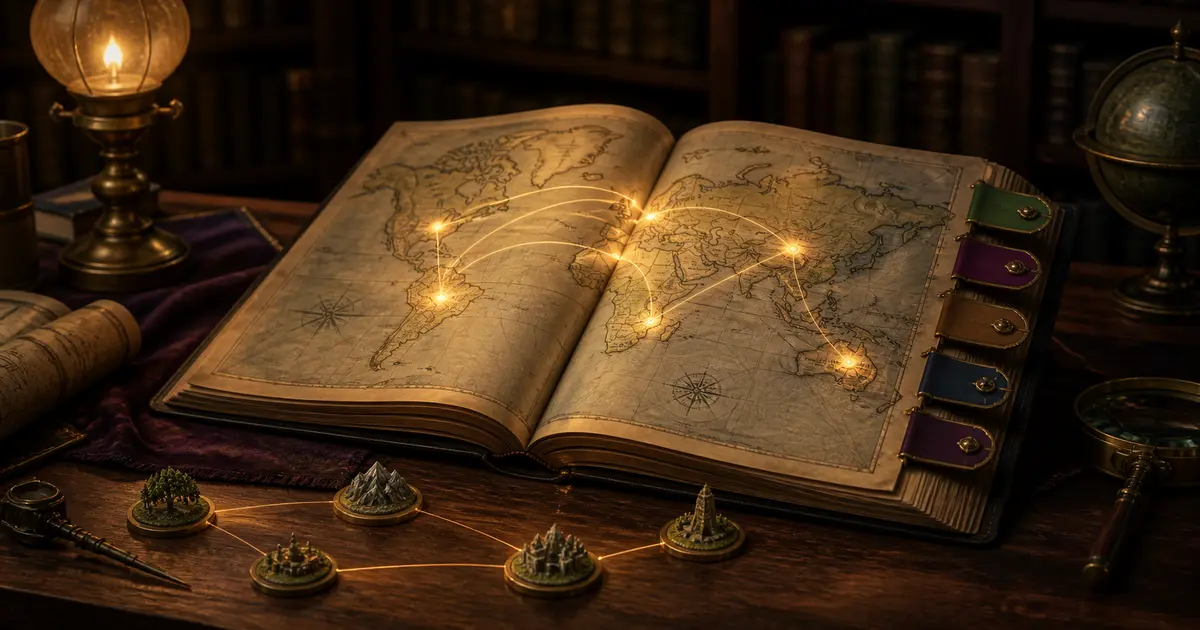 An illuminated world atlas with keyed tabs, map tokens, and connected locations