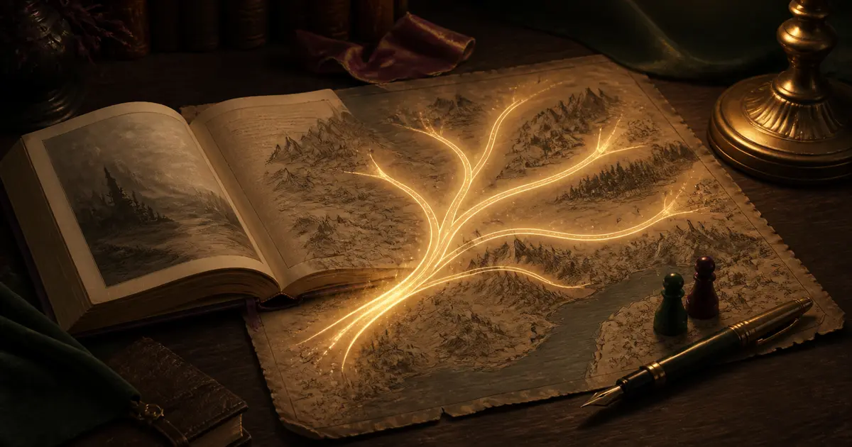 An open storybook and map with luminous paths branching in several directions