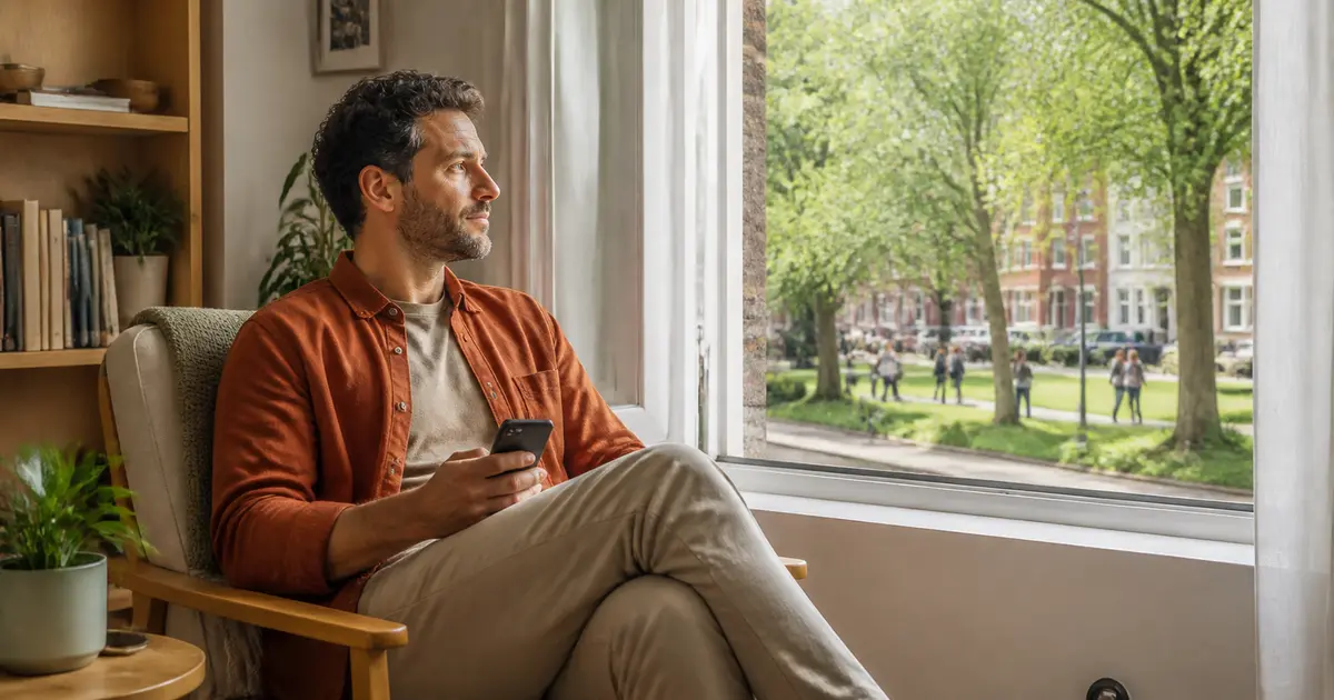 An adult resting with a phone beside an open window overlooking a neighborhood park