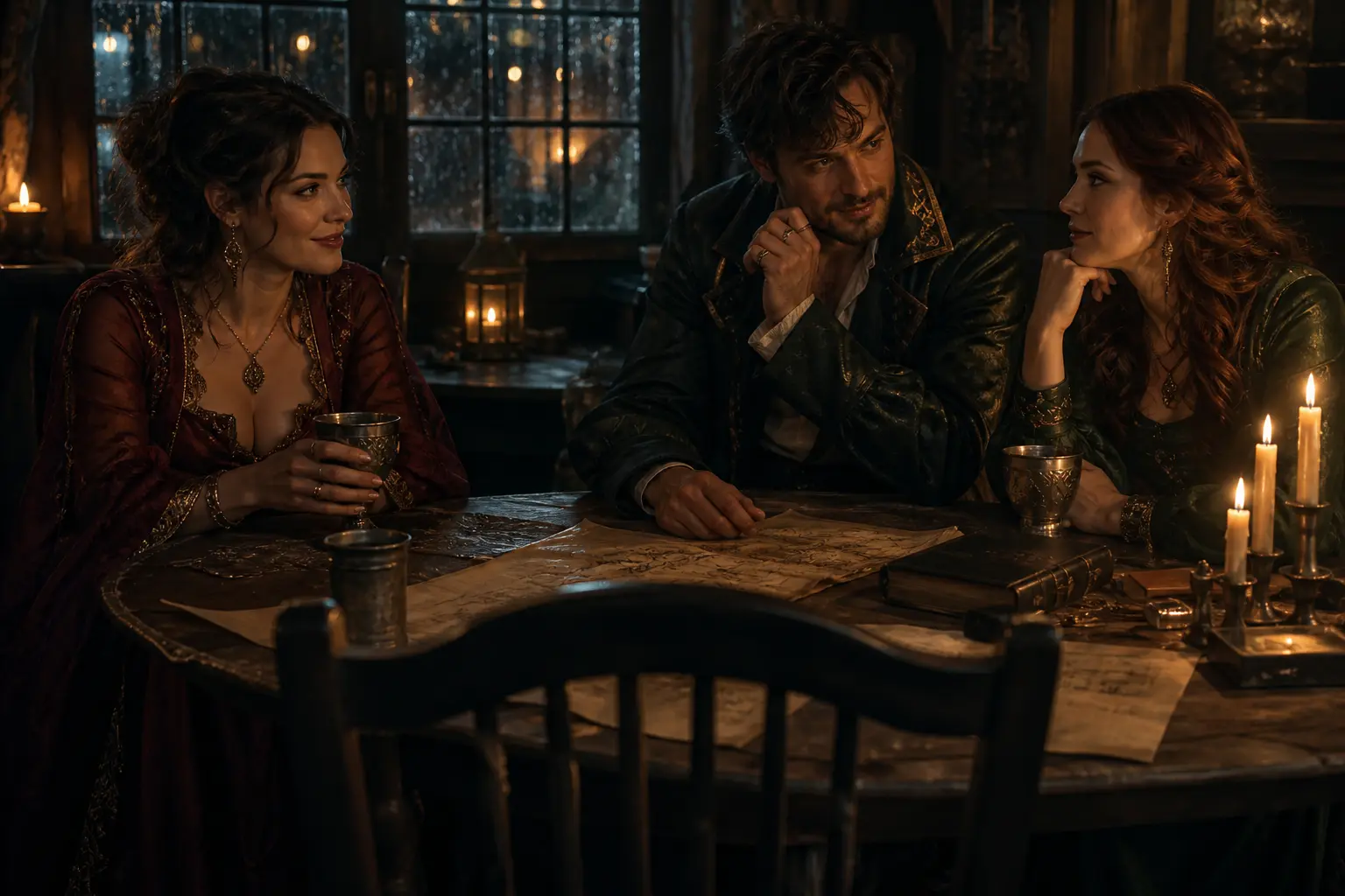 Two adult characters exchange charged glances across a candlelit fantasy tavern table, with an empty chair for the player