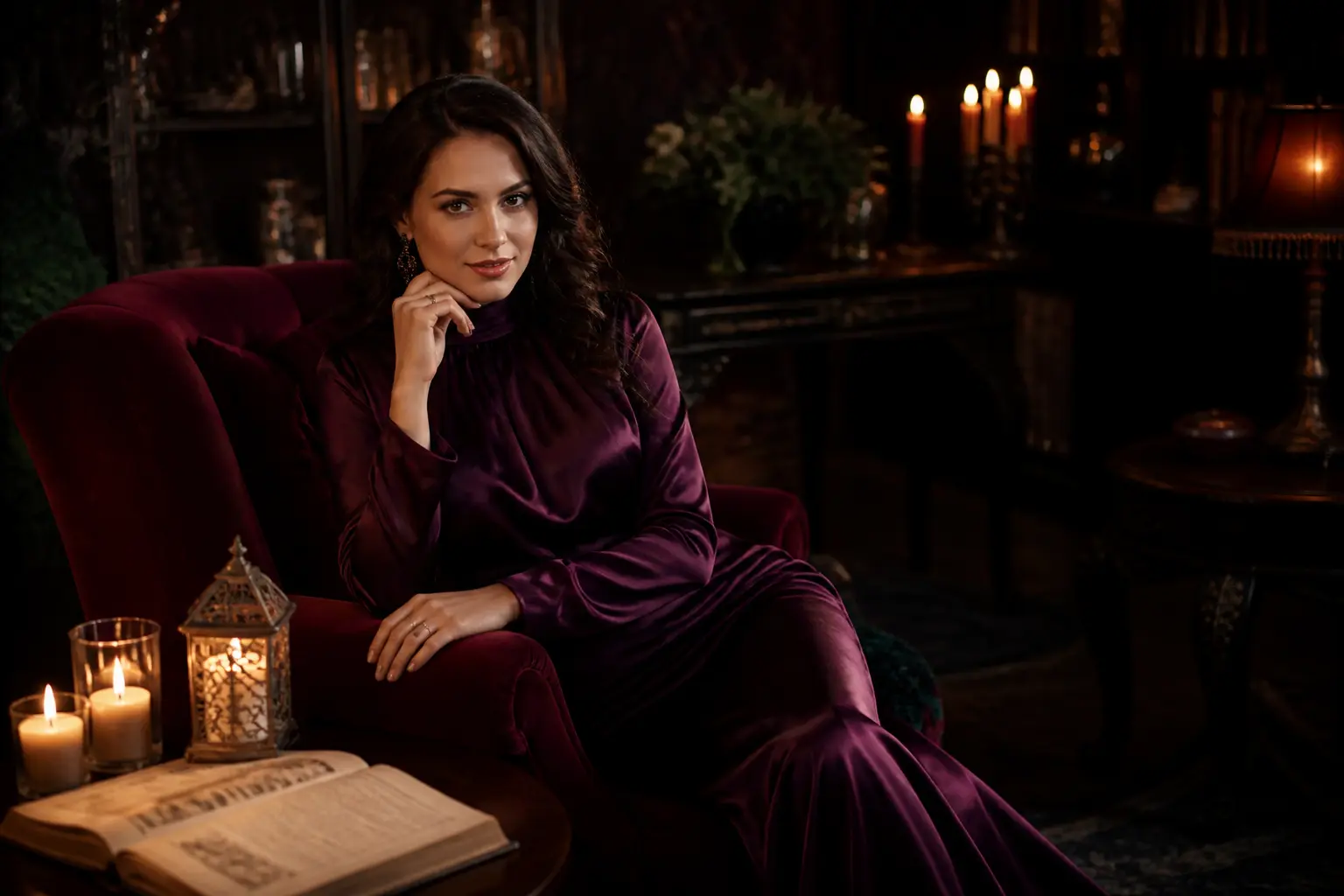 An elegantly dressed woman in a candlelit velvet reading lounge