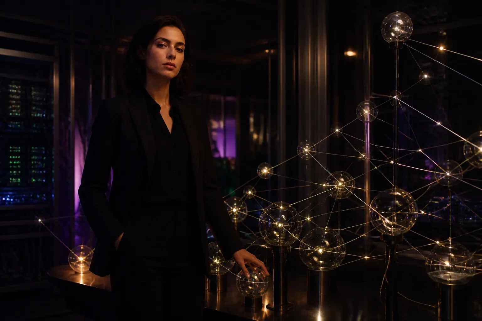 A software engineer beside a sculptural network of glowing glass nodes