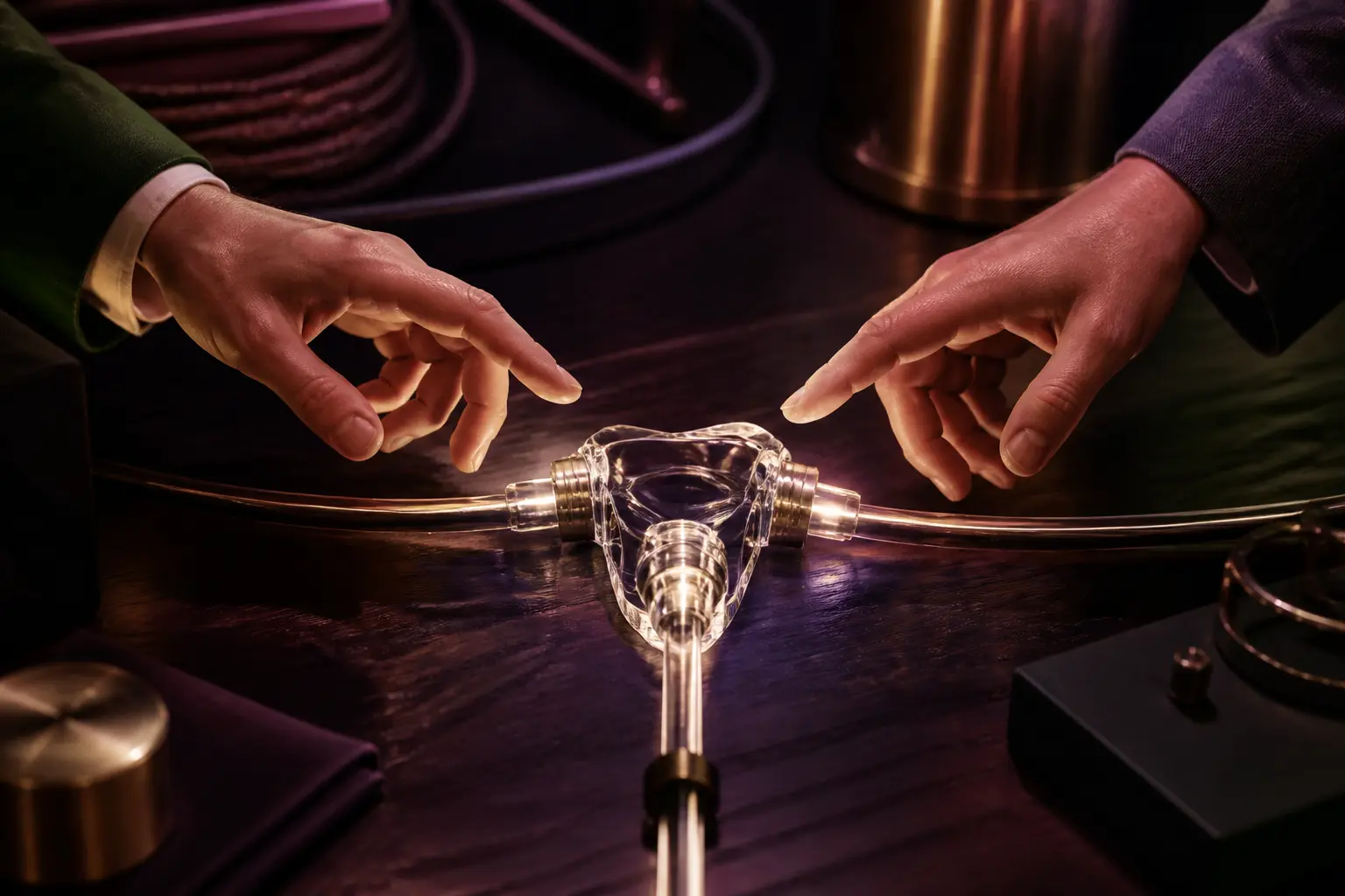 Two hands meet around a transparent junction linking three softly glowing paths
