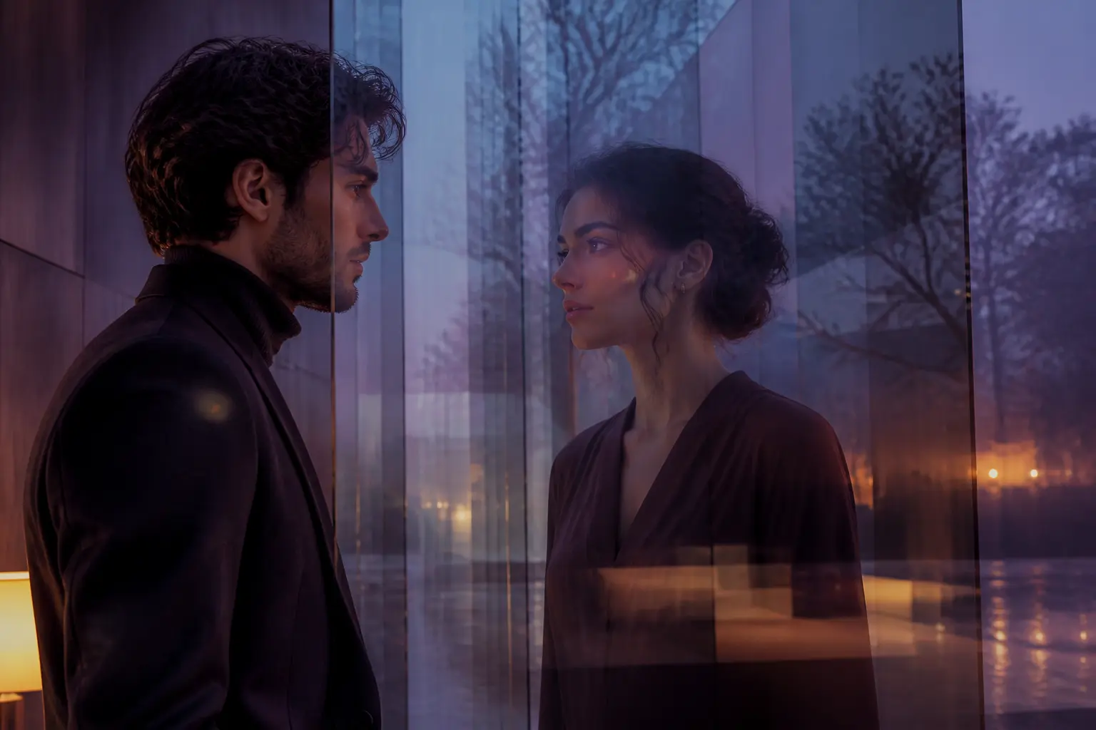 Two adults face each other through translucent glass and layered reflections