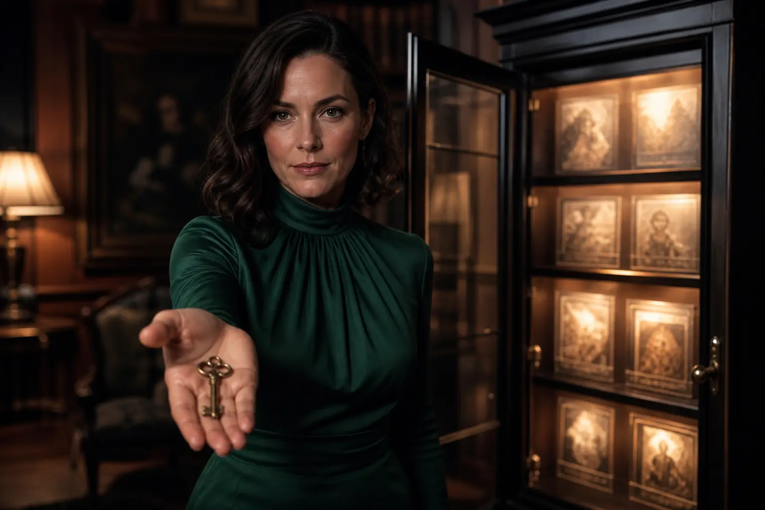 A confident woman offers an antique key beside an open cabinet of illuminated memory cards