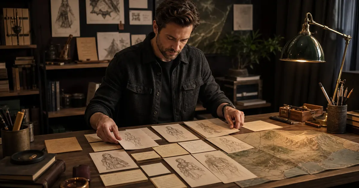 A sharply dressed man at a drafting table arranging character sketches and index cards under warm studio lamplight