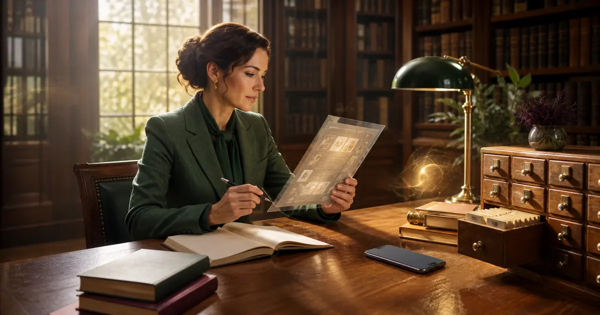 An elegantly dressed woman in a sunlit library annotating a leather journal, phone resting beside an open card catalog