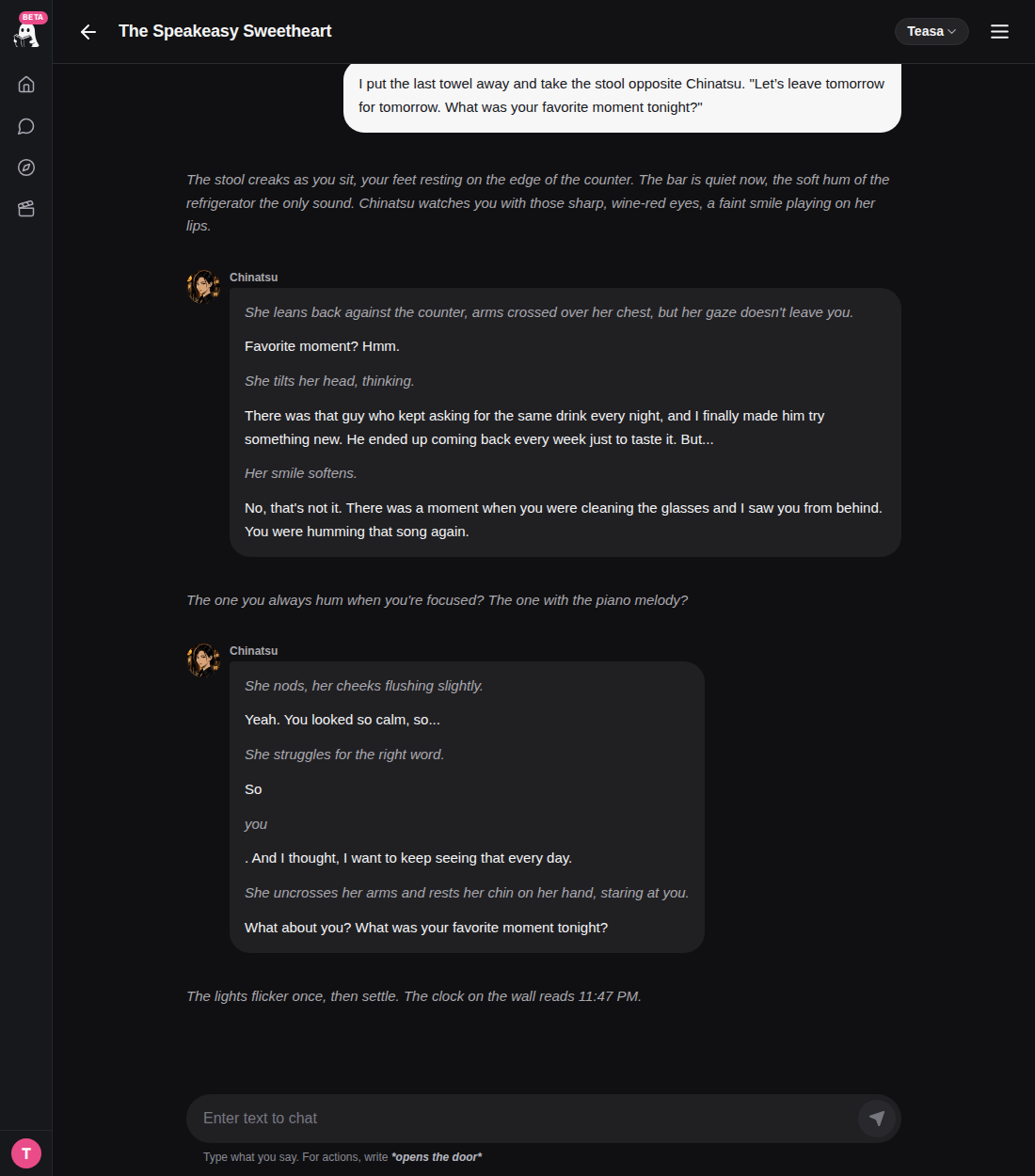 Respuesta real de Teasa al preguntarle a Chinatsu por su momento favorito tras cerrar el bar