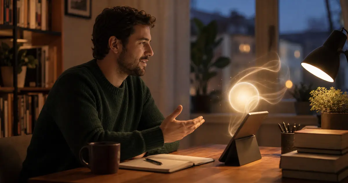 An adult at a warm desk speaking with a softly glowing abstract companion interface